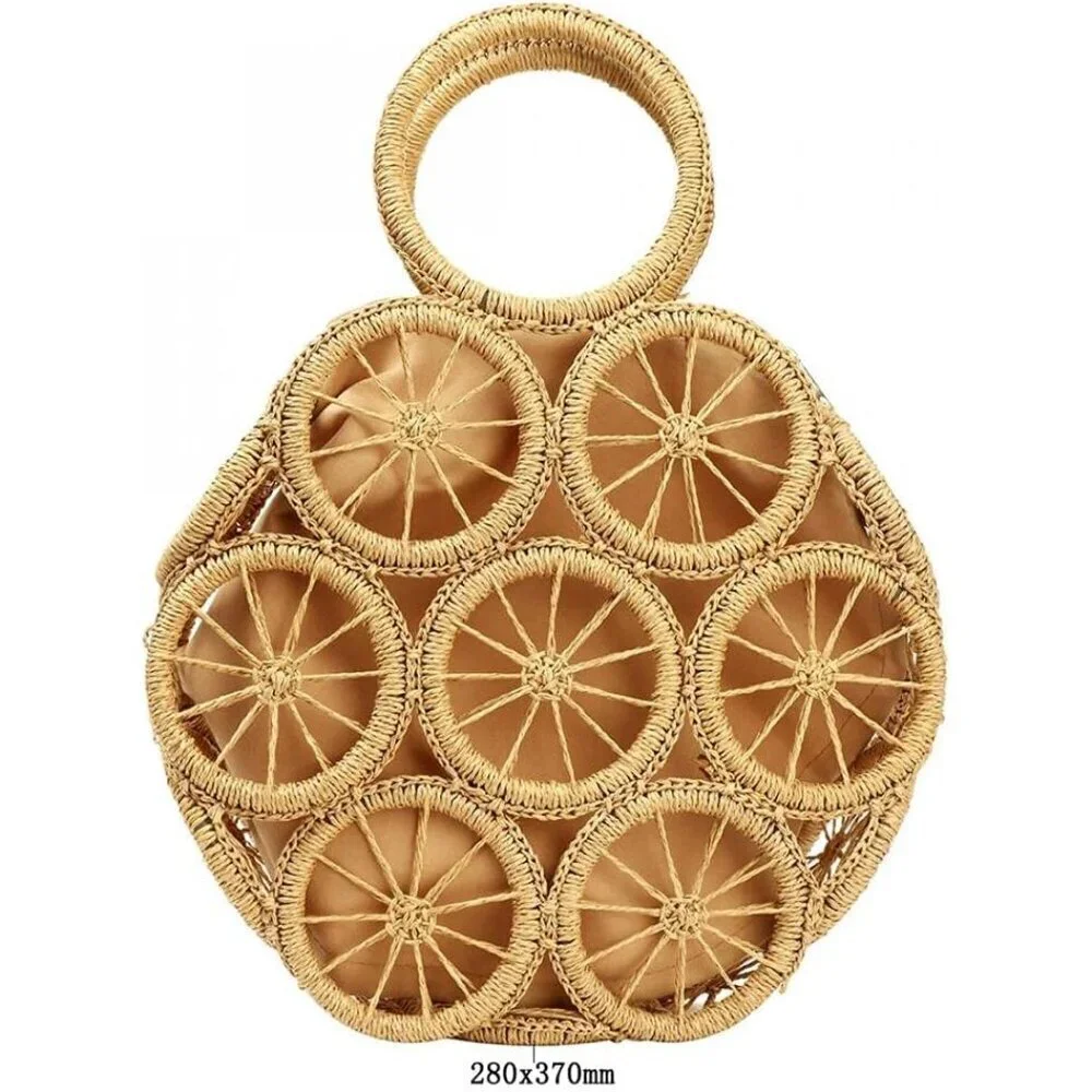 Women Straw Shoulder Bag Large Capacity Beach Tote Lemon Pattern Cotton Polyeste
